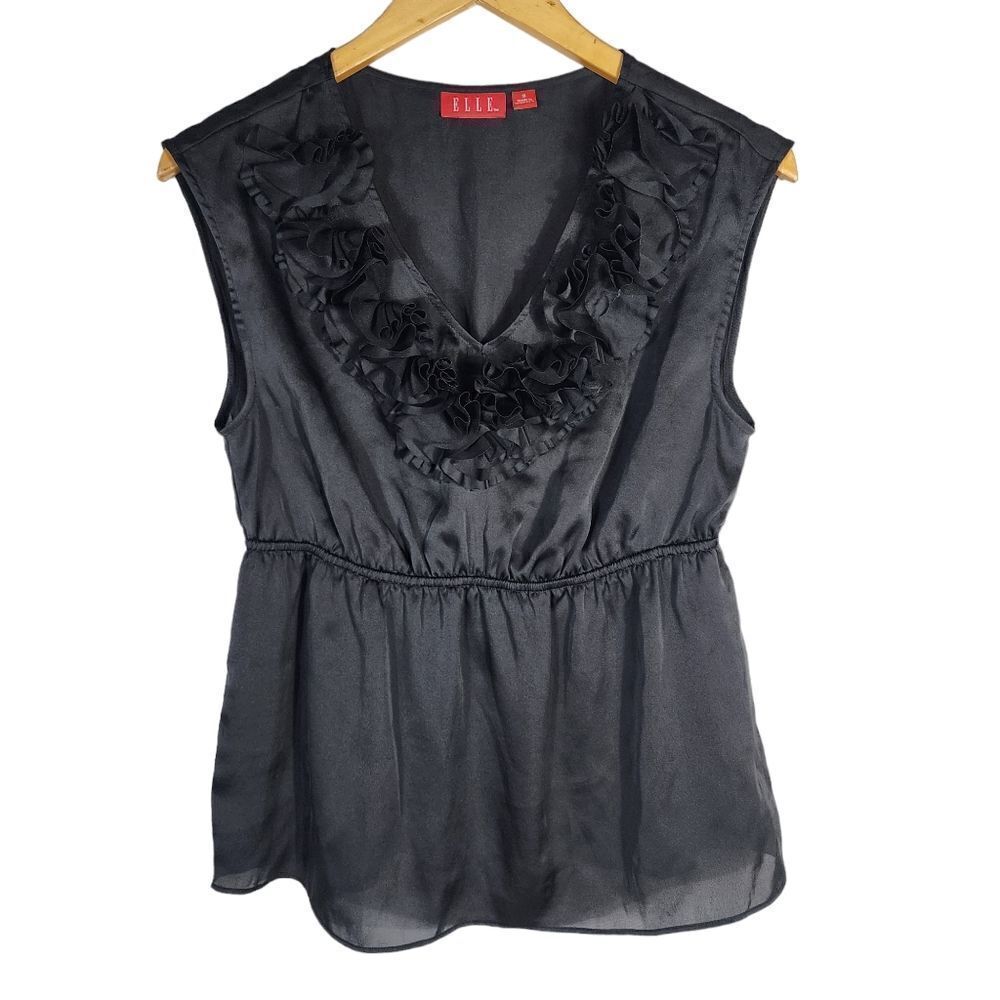 Elle‎ Black Ruffle Flower Accent Tank Top Blouse Shirt